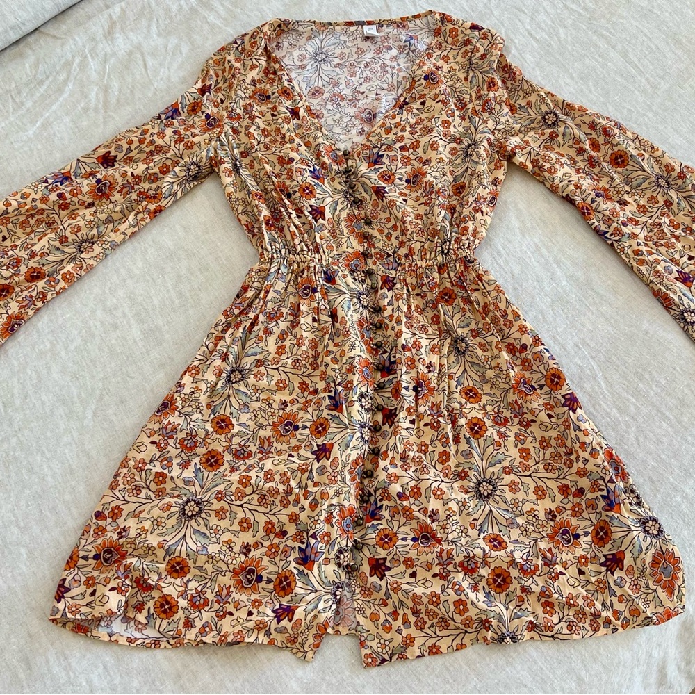 Tigerlily Brown and Orange V-Neck Sundress with Bishop Sleeves